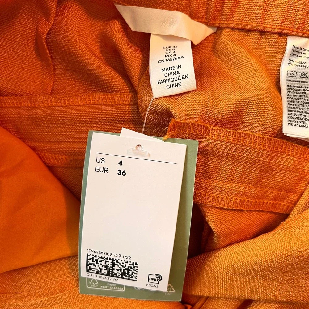H&M Pants Women 4 Orange Wide Leg High Waisted Textured Linen Blend Trousers